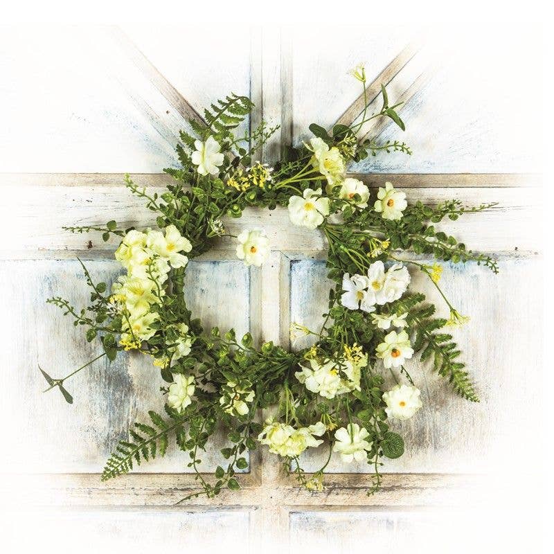 Golden bloom candle ring with lush greenery and soft yellow flowers, 6.5-inch rim for elegant centerpiece display