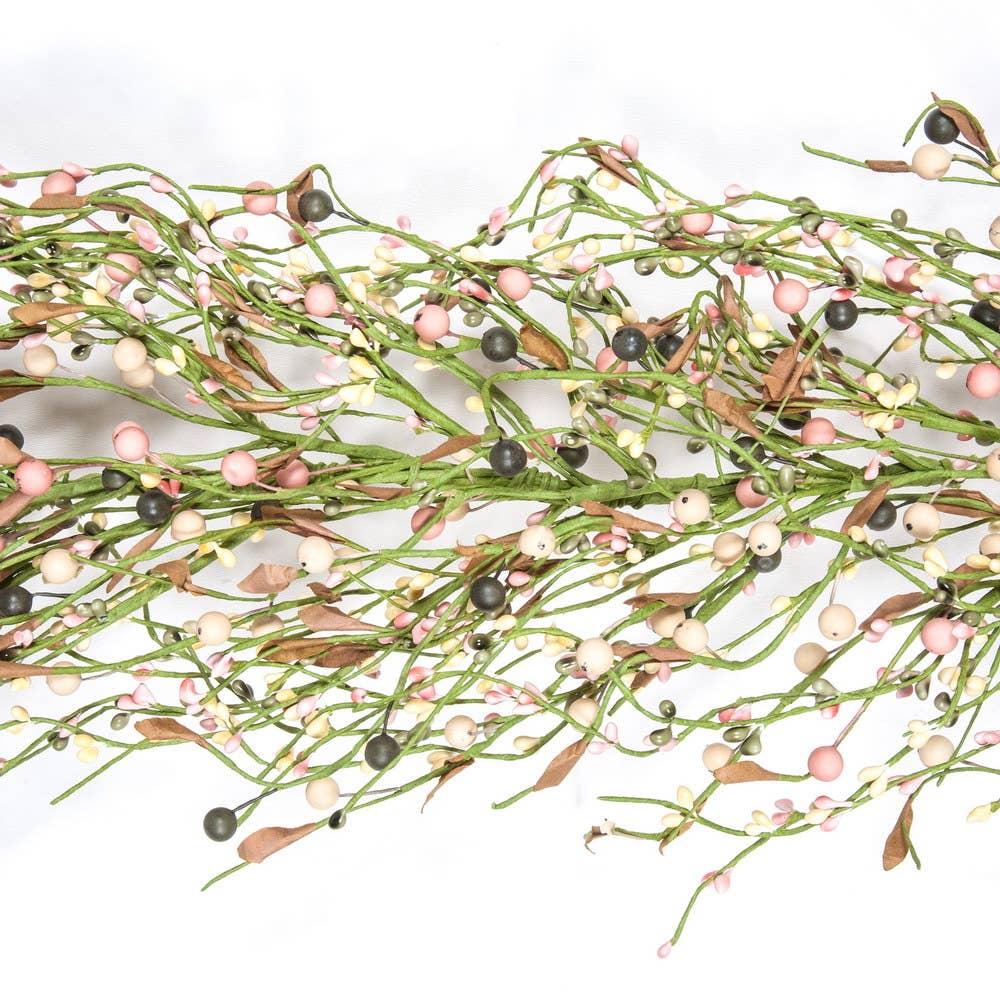 Mixed pip berry garland with green, blush, and cream berries and leaves, 53 inches long, French country farmhouse spring decor