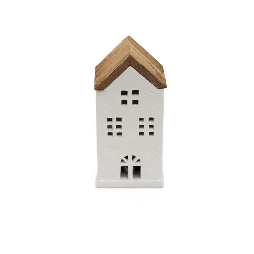 Charming LED Ceramic Wood House - 7.5 inch white ceramic miniature house with natural wood-textured roof and LED light for mantel ,bookshelf, table decor