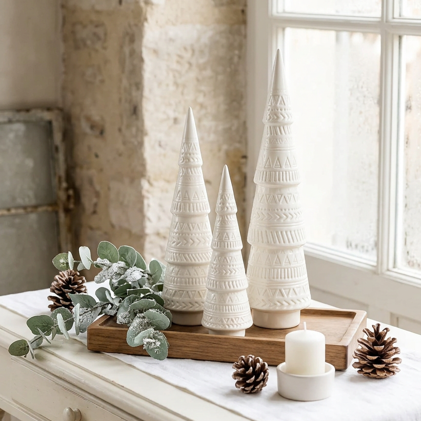 Three white ceramic Christmas tree ornaments with textured geometric patterns, displayed on a rectangular wooden tray against a clean white background.
