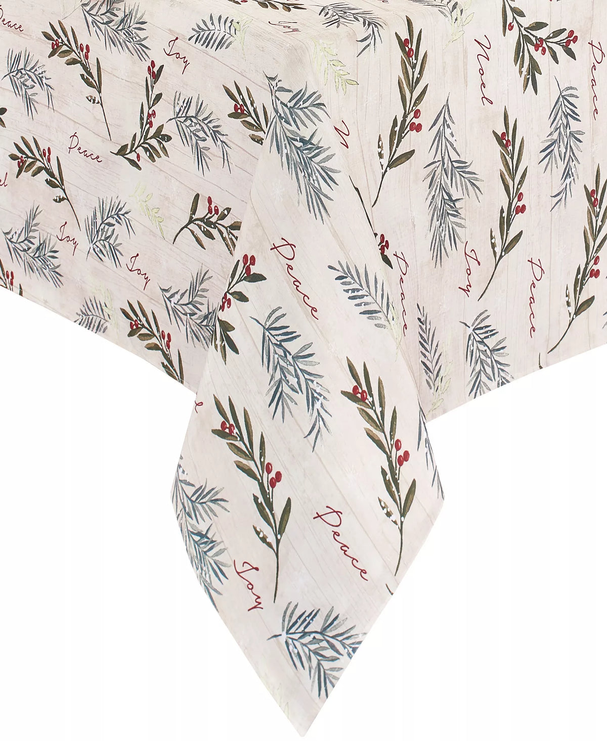 Christmas-themed tablecloth with greenery and text on a white background
