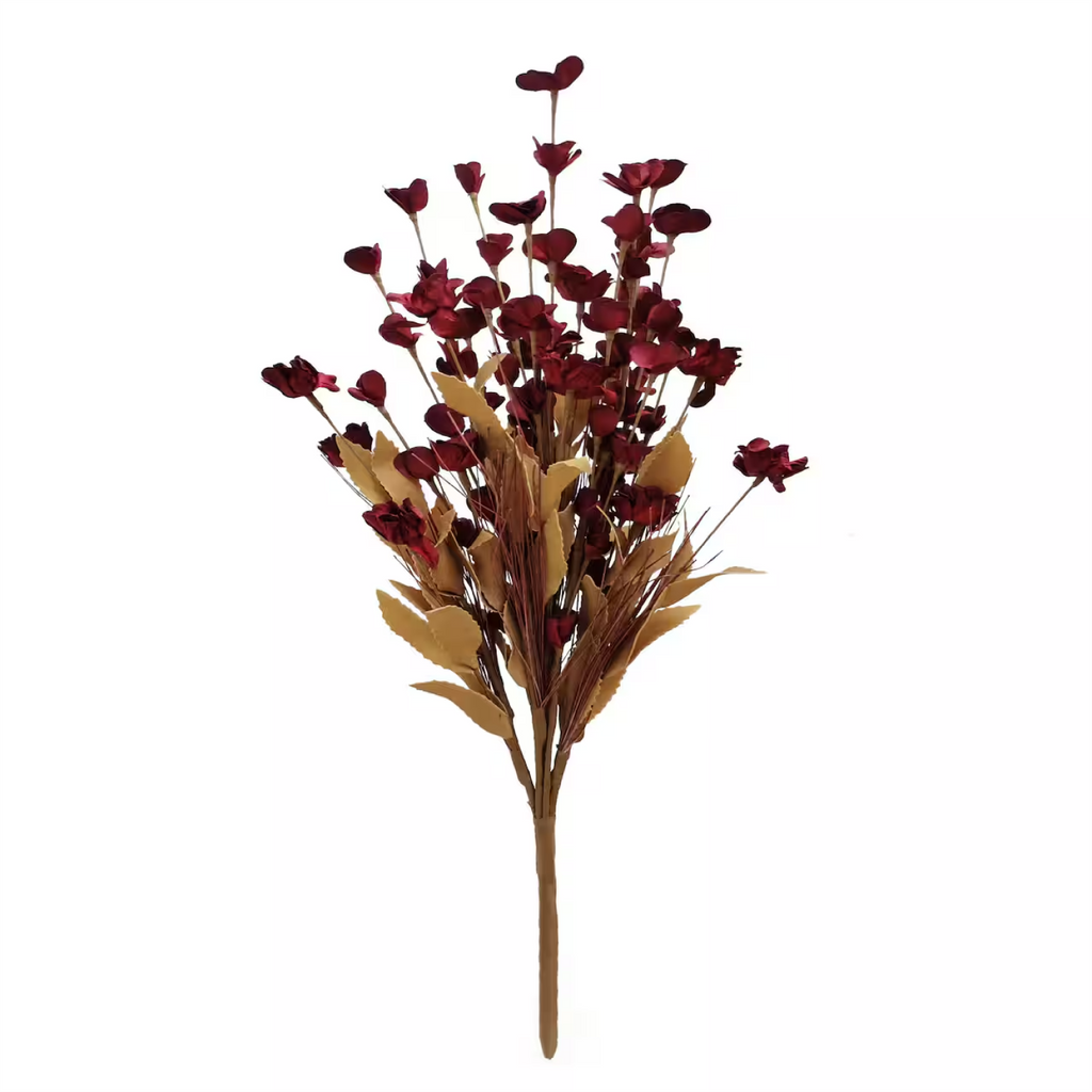 An artificial autumn flower stem featuring clusters of dark burgundy-red dried blossoms and muted tan-brown leaves on a plain white background.