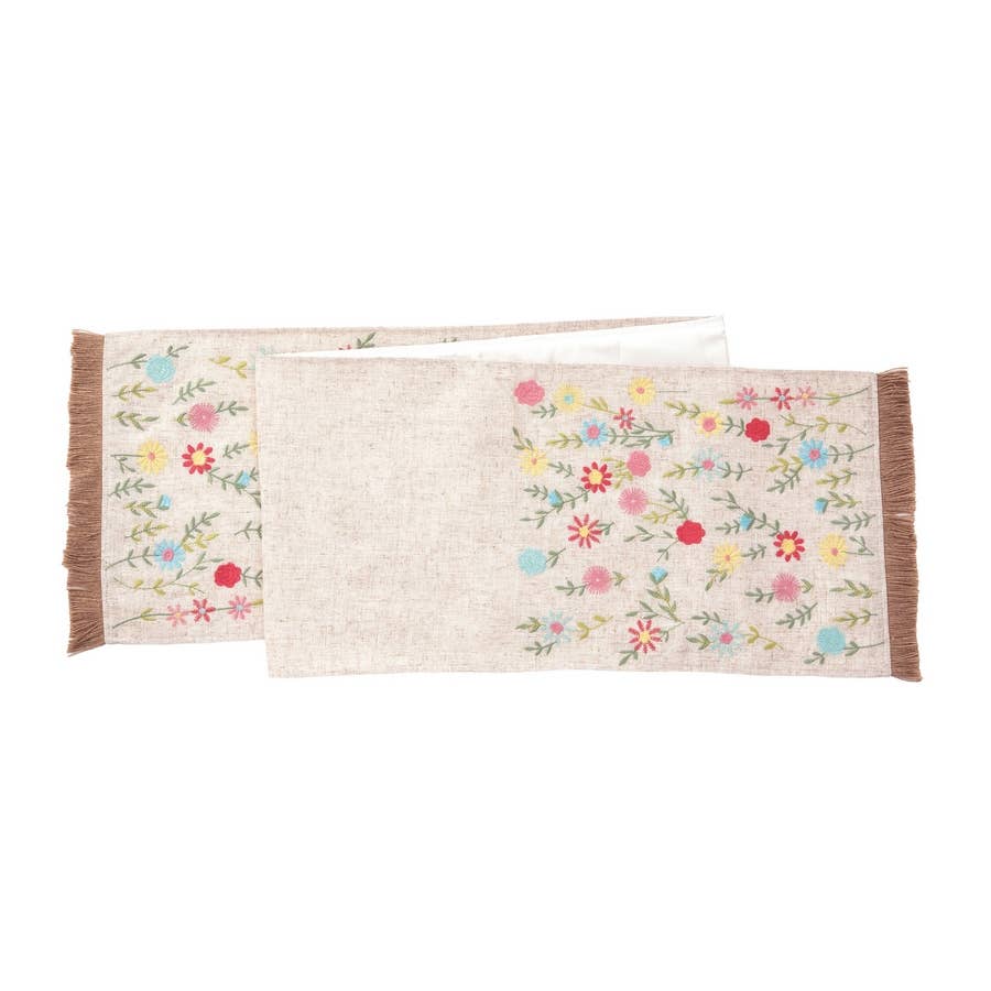 Wildflower Floral Table Runner with colorful botanical print featuring pink, yellow, and blue wildflowers on cream background
