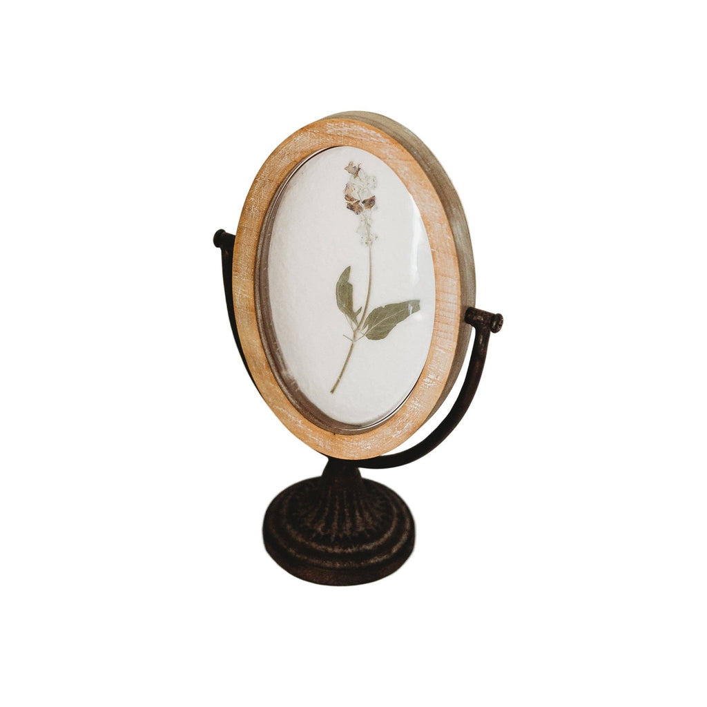 Botanical Art Frame Pressed Flower Cream - 6x9 inch oval framed pressed white flower with green leaves in soft cream frame with decorative stand for French country and farmhouse shelf decor