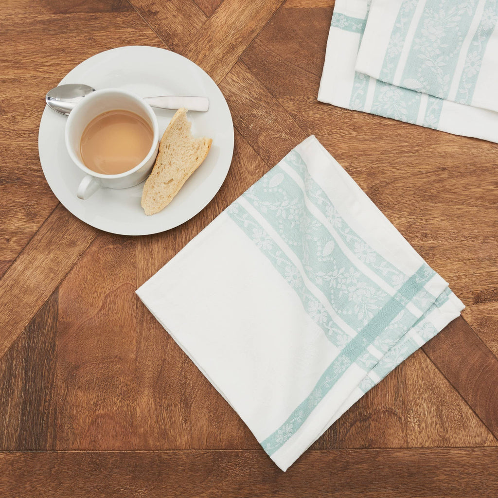 Aqua Jacquard Napkin, 18 by 18 inch cotton napkin with soft aqua striping and botanical detailing for dining decor