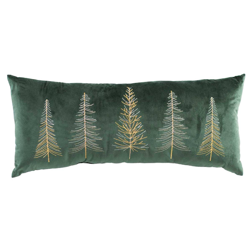 Glimmer Trees Embroidered Christmas Pillow | Forest Green & Gold 12" x 28"