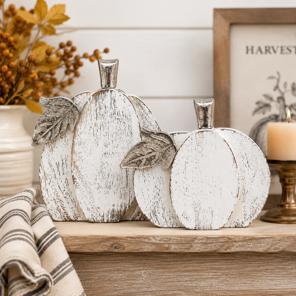 Two distressed white faux-pumpkin decorations with silver-toned stems and leaves, styled on a wooden shelf in a fall-themed home decor setting.