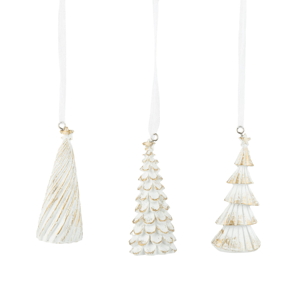 Golden Frost white and gold resin Christmas tree ornament set of 3 holiday decor