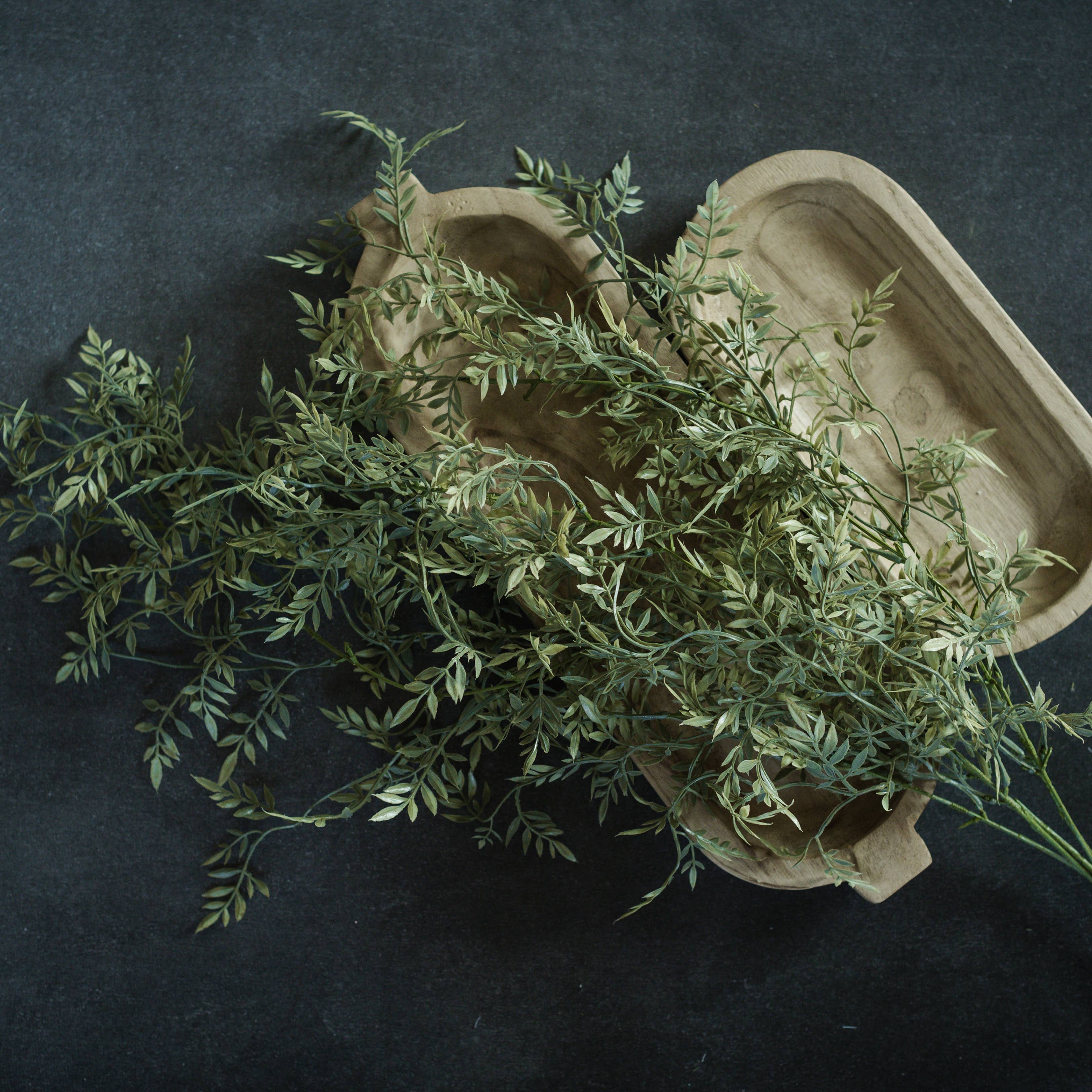 Green leaves on a textured surface with a neutral background