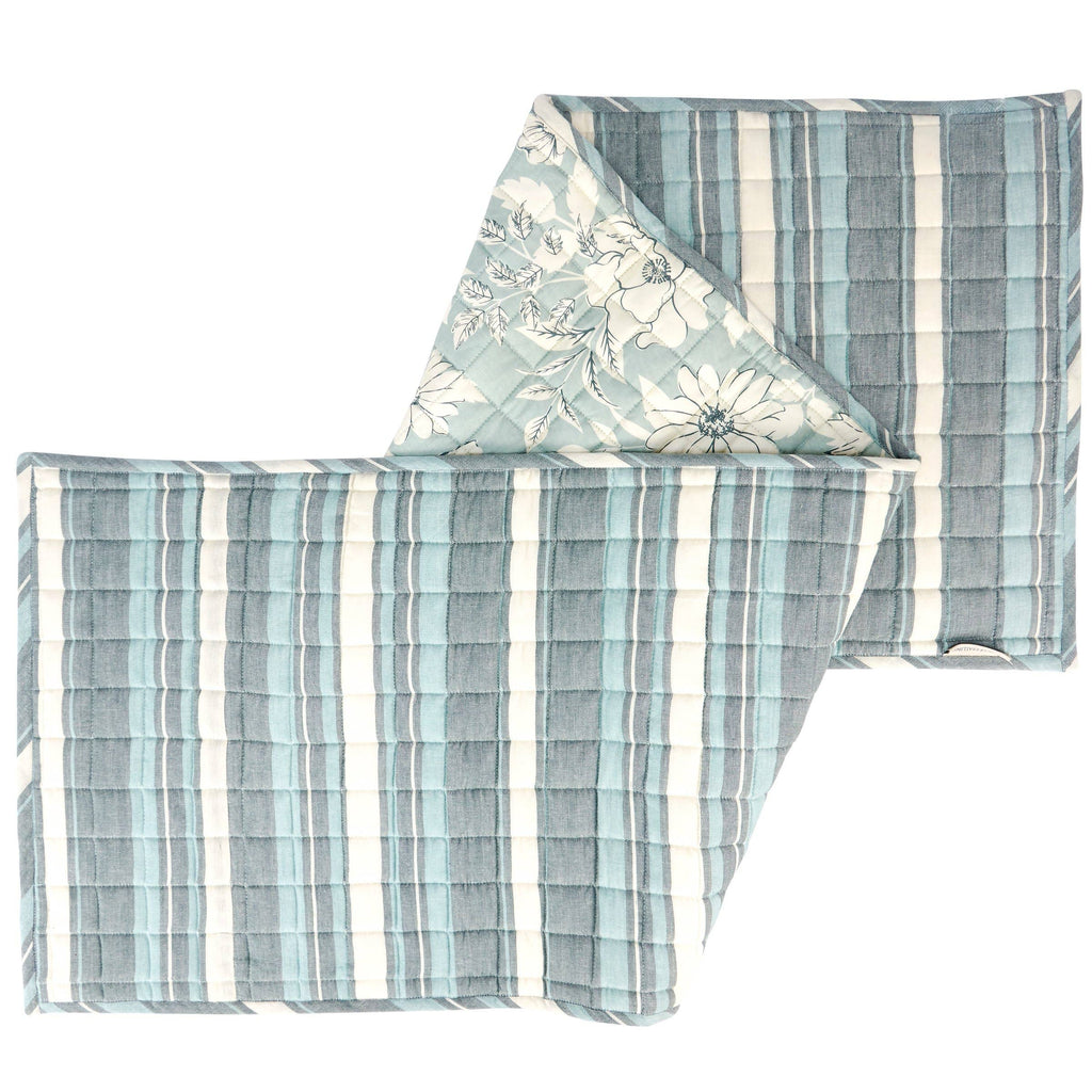 Quilted Blue Floral Table Runner 56 inch - Reversible cotton table runner with soft blue floral pattern and blue-cream striped reverse for dining decor