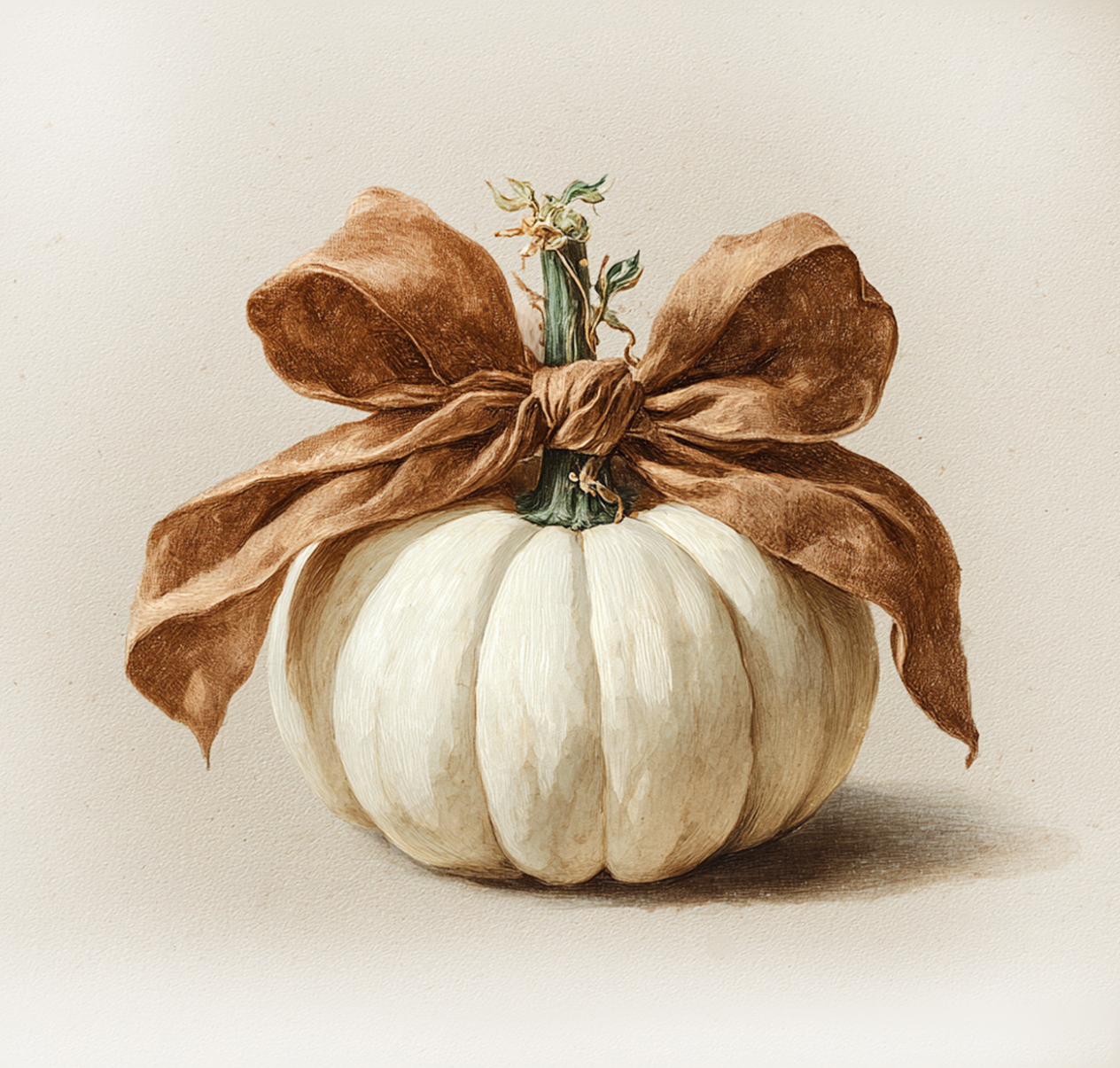 A painted pumpkin illustration in warm cream and beige tones, tied with a large brown ribbon bow and small dried floral detail at the stem, on a light beige background.