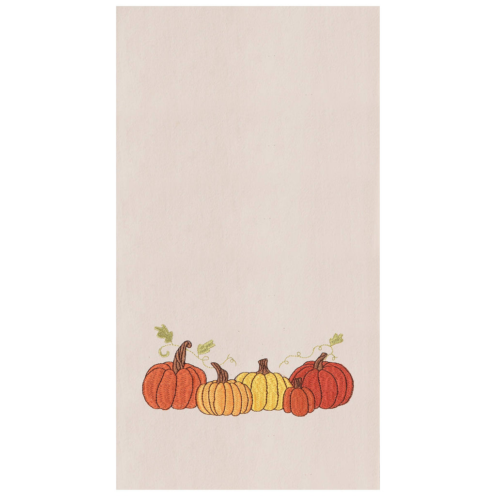 Beige towel with embroidered pumpkins in various colors on a white background