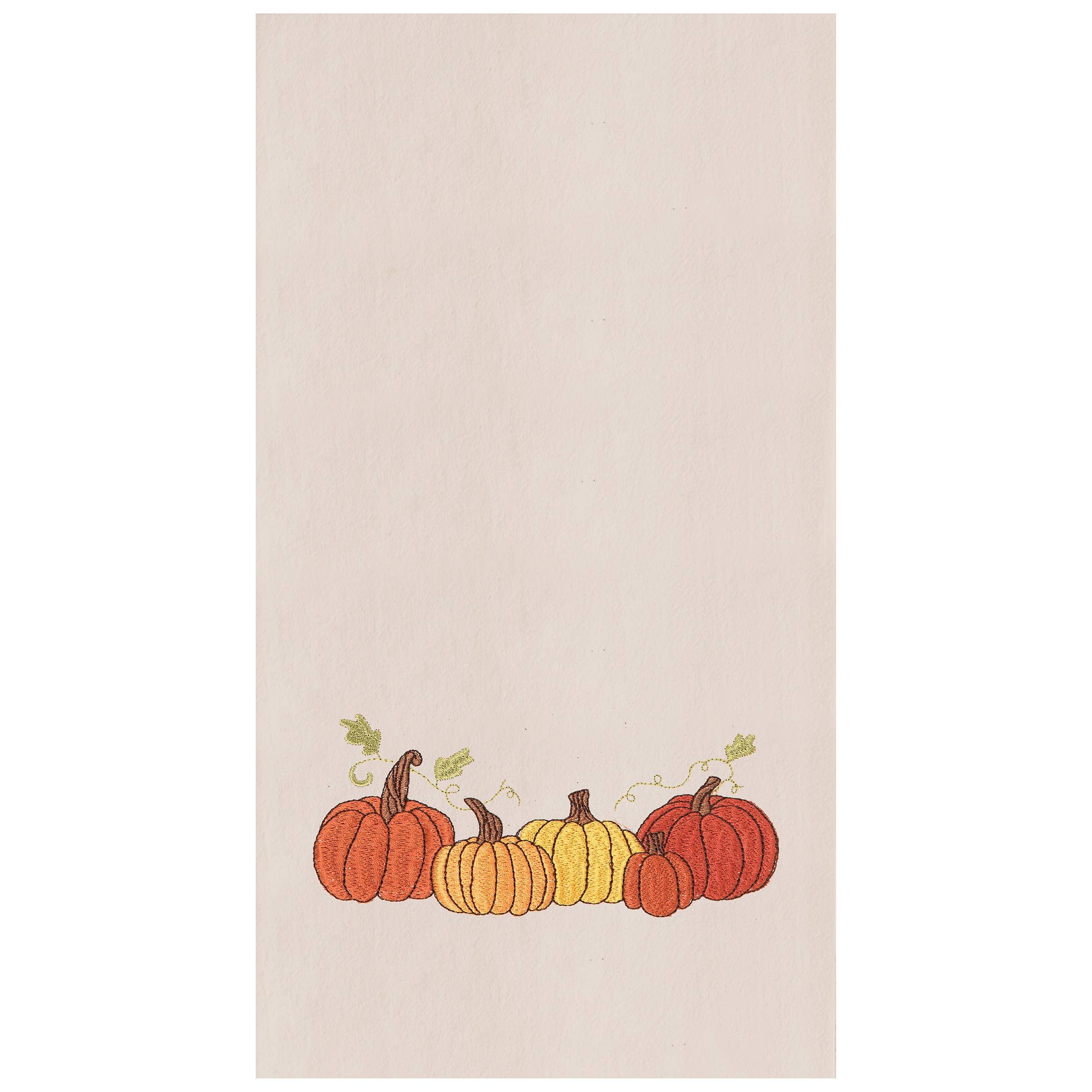 Beige towel with embroidered pumpkins in various colors on a white background