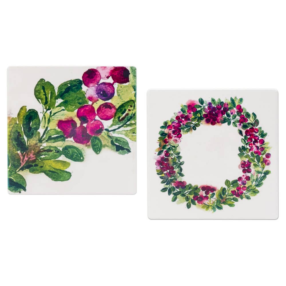 Cranberry wreath ceramic coasters set of 4 farmhouse Christmas decor