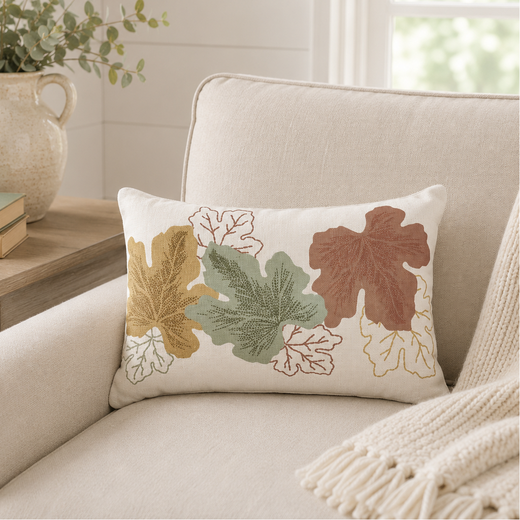 A square throw pillow with embroidered autumn leaves in muted brown, green, and gold tones, resting on a beige armchair in a softly lit living room setting.