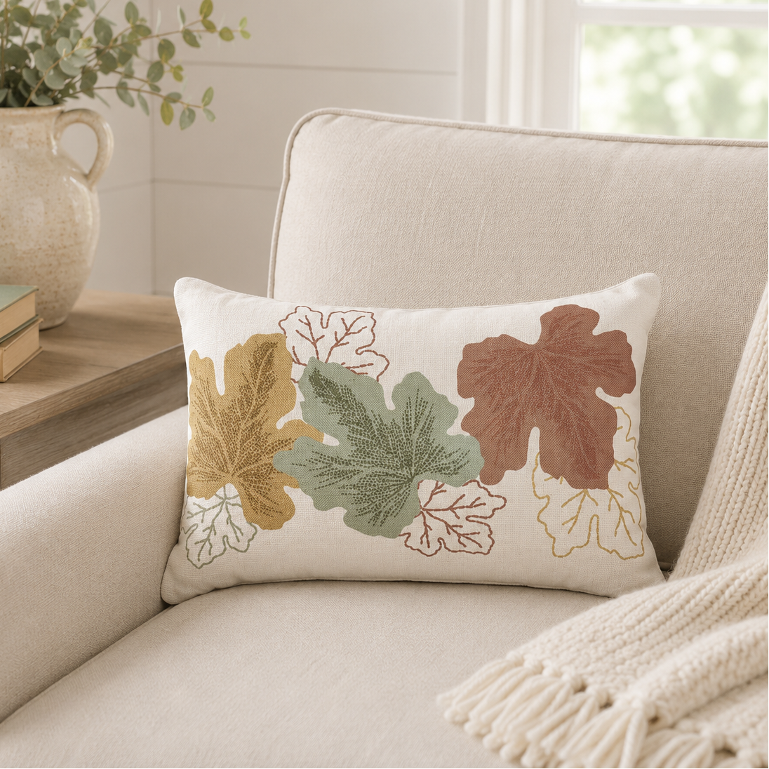 A square throw pillow with embroidered autumn leaves in muted brown, green, and gold tones, resting on a beige armchair in a softly lit living room setting.