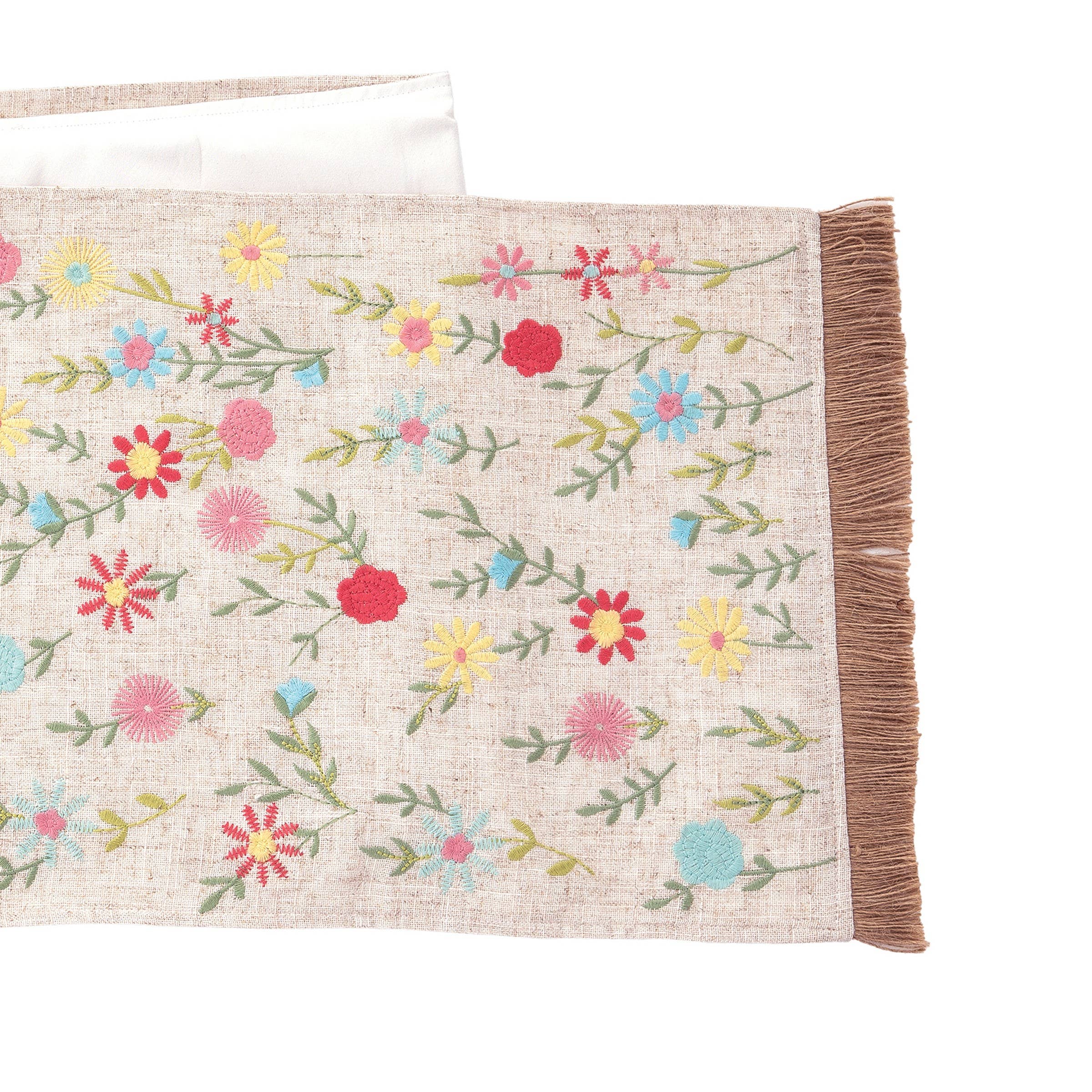 Wildflower Floral Table Runner with colorful botanical print featuring pink, yellow, and blue wildflowers on cream background