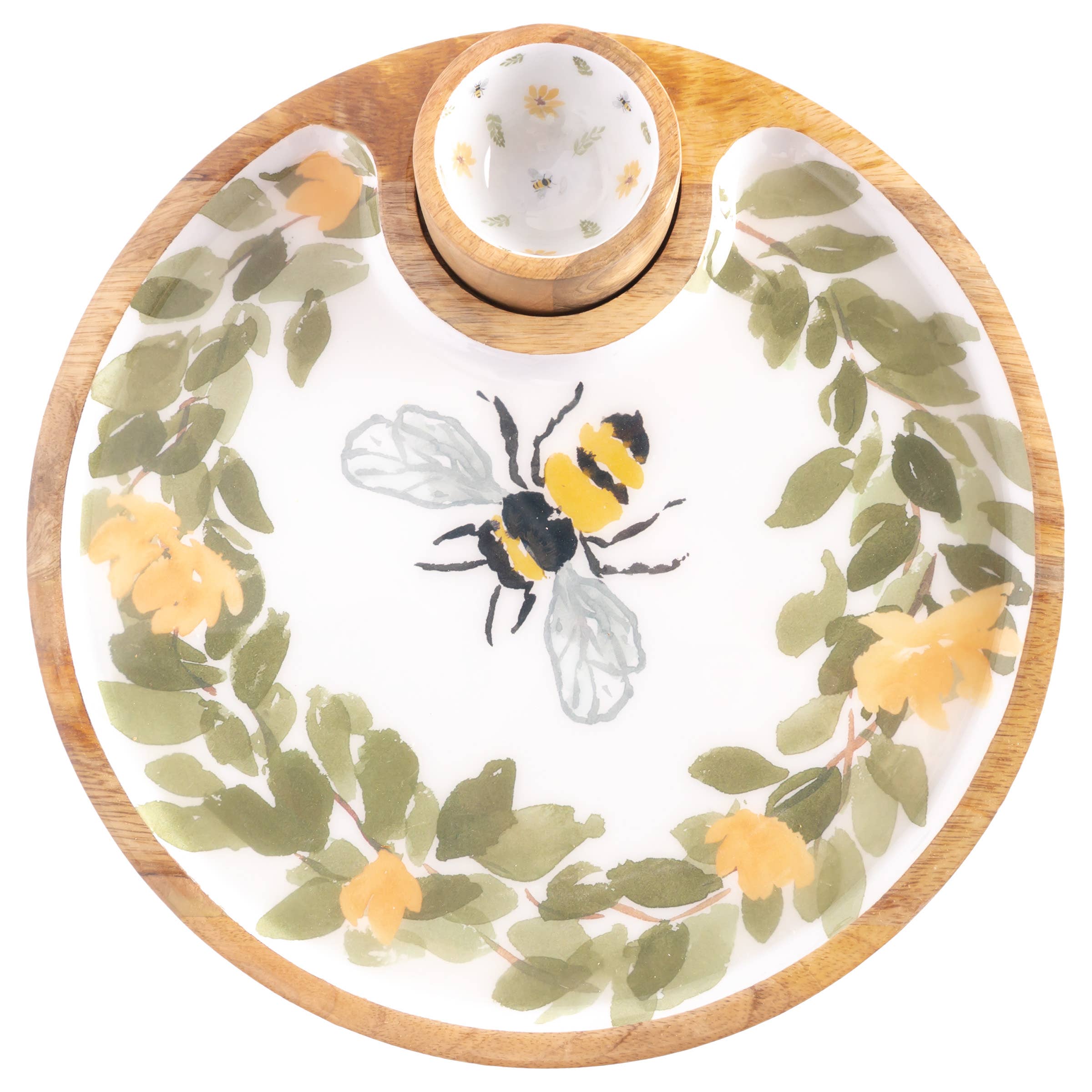 Bumble Bee Server Chip and Dip, 12 inch round mango wood serving board with removable dip bowl and bee design for entertaining