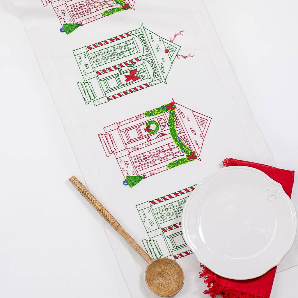 Christmas Village Table Runner | Red & Green Holiday Houses 13" x 60"