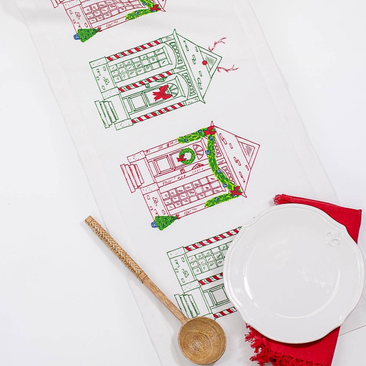 Christmas Village Table Runner | Red & Green Holiday Houses 13" x 60"