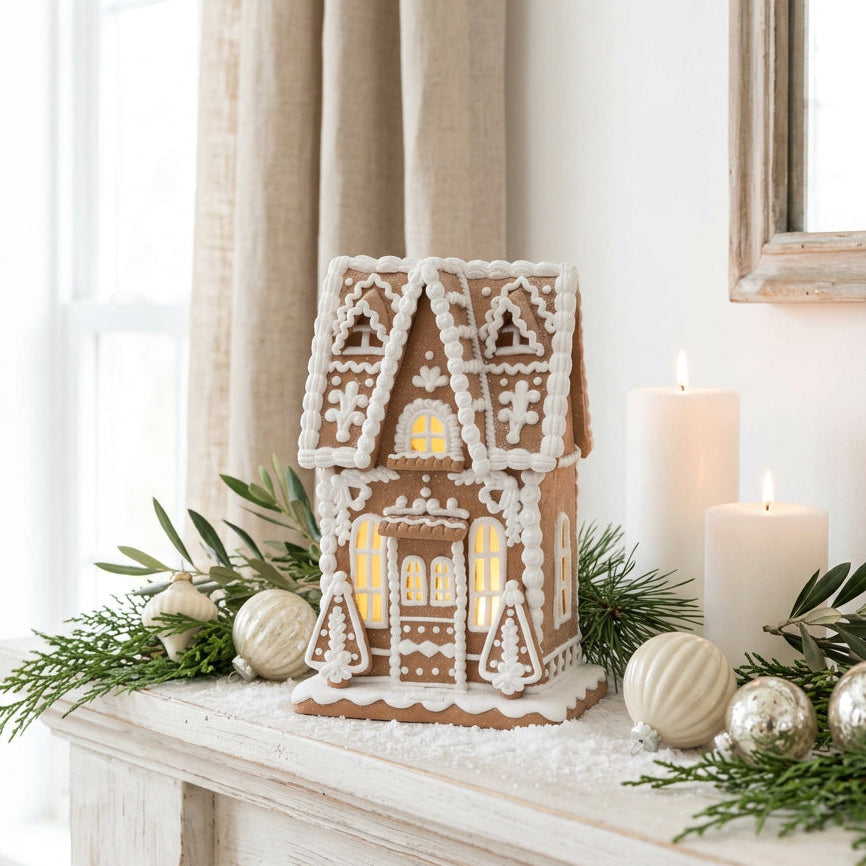 Decorative gingerbread house with white icing on a light gray background