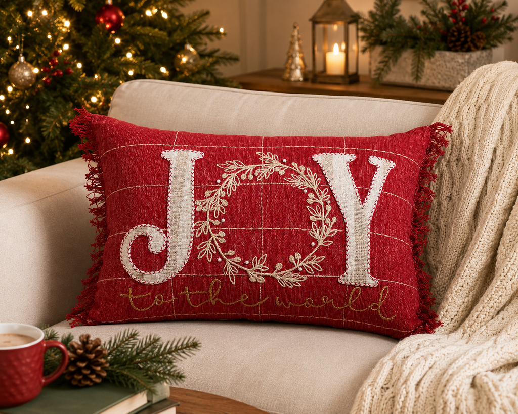 A red Christmas throw pillow with white embroidered 'JOY' letters and a wreath, resting on a beige couch in a cozy holiday living room setting.