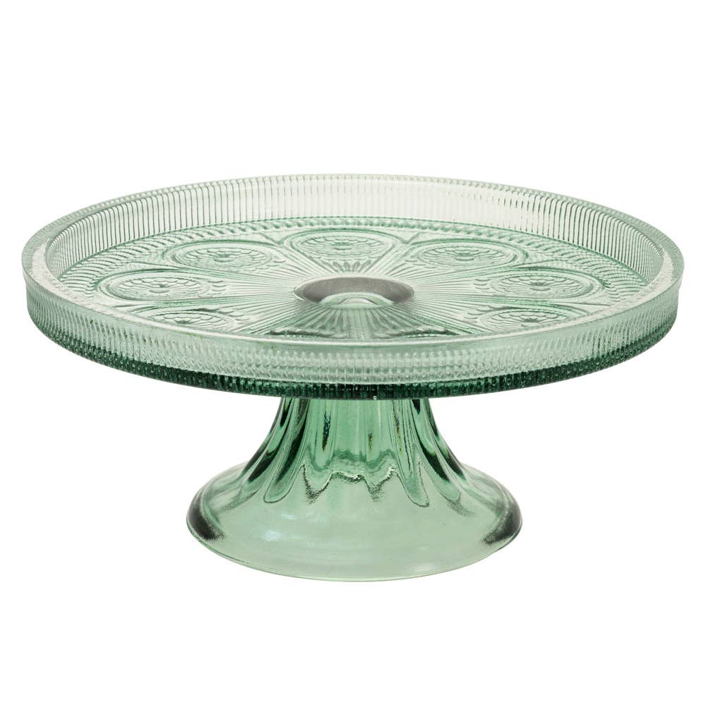 Green glass cake stand with decorative pattern 