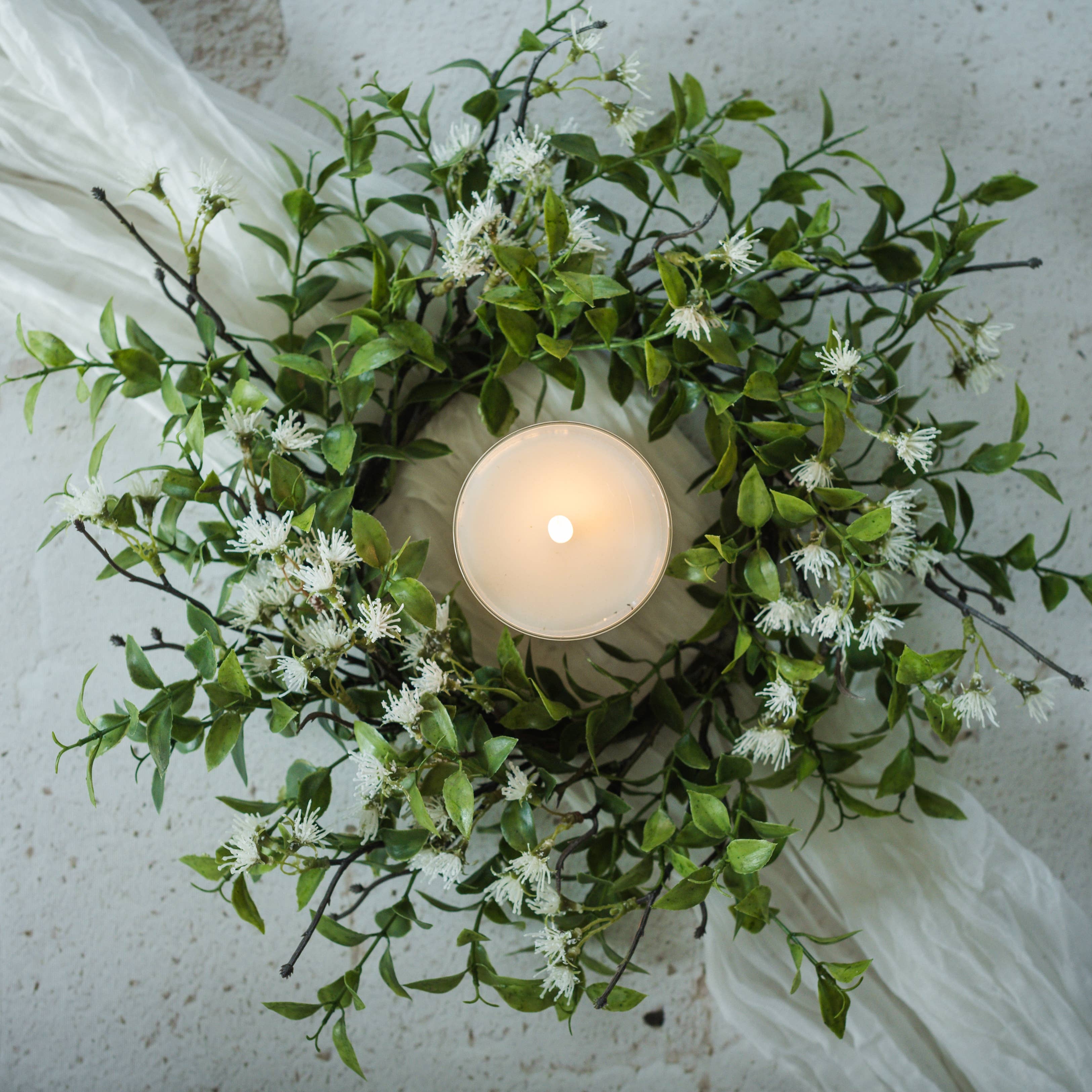 14-inch tea leaf candle ring with white blossoms, natural greenery accent for pillar candles