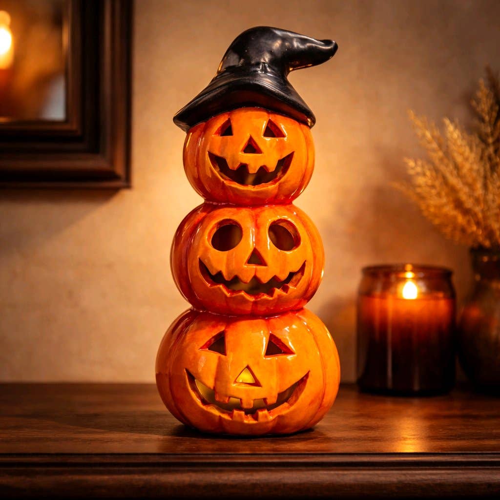 A Halloween-themed decorative stack of three carved jack-o'-lantern pumpkins with a black witch hat on top, displayed on a wooden surface in a warmly lit indoor setting with a candle and dried grass in the background.