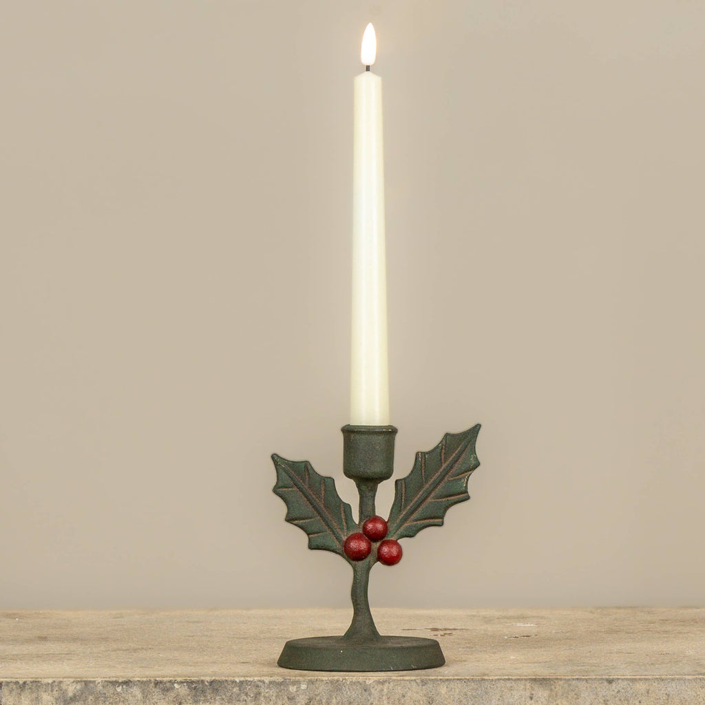 Holly & Red Berry Christmas Taper Candle Holder | 5.5"