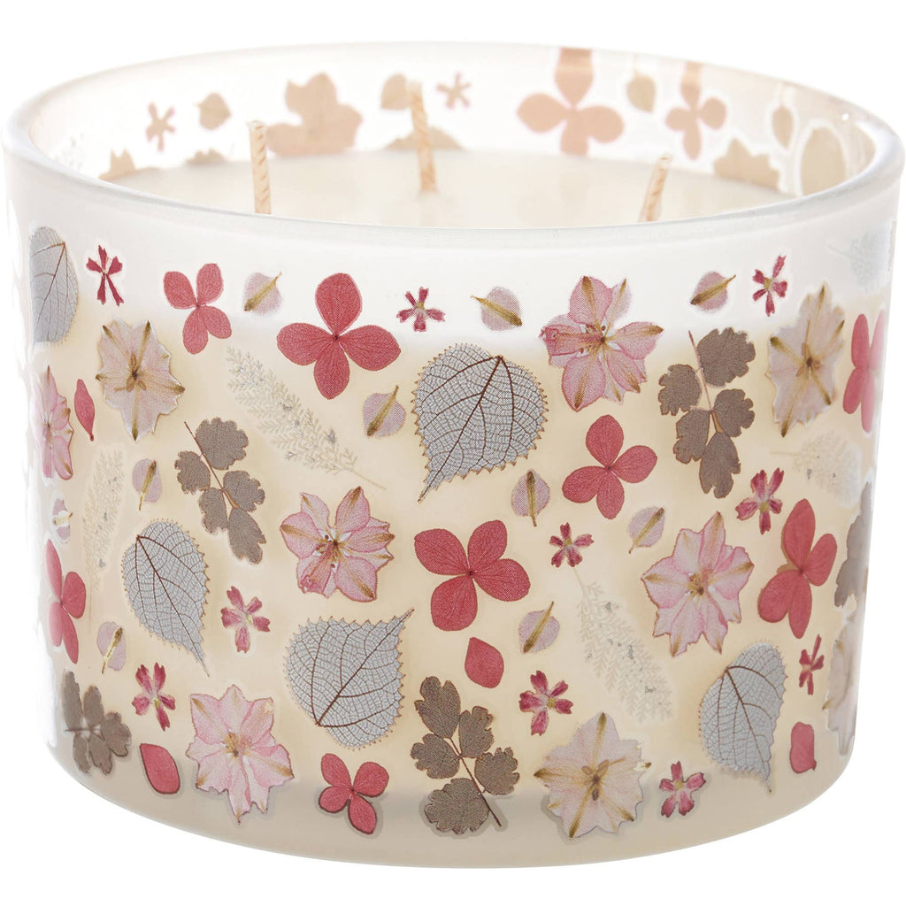 Pink Flowers Candle Vanilla Scented Soy - Frosted white jar candle with pink pressed-floral design and three wicks for French vanilla scented spring home decor