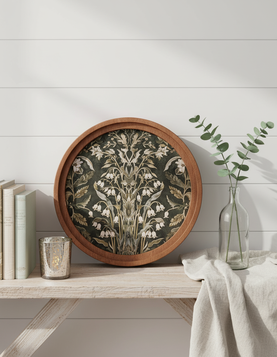 8 inch round dark green Morris art canvas print on wood frame farmhouse wall decor