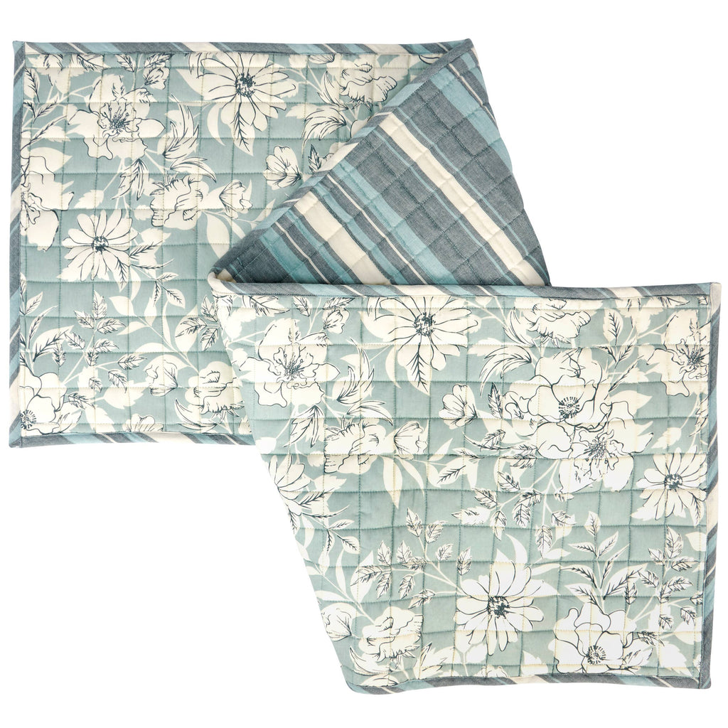 Quilted Blue Floral Table Runner 56 inch - Reversible cotton table runner with soft blue floral pattern and blue-cream striped reverse for dining decor