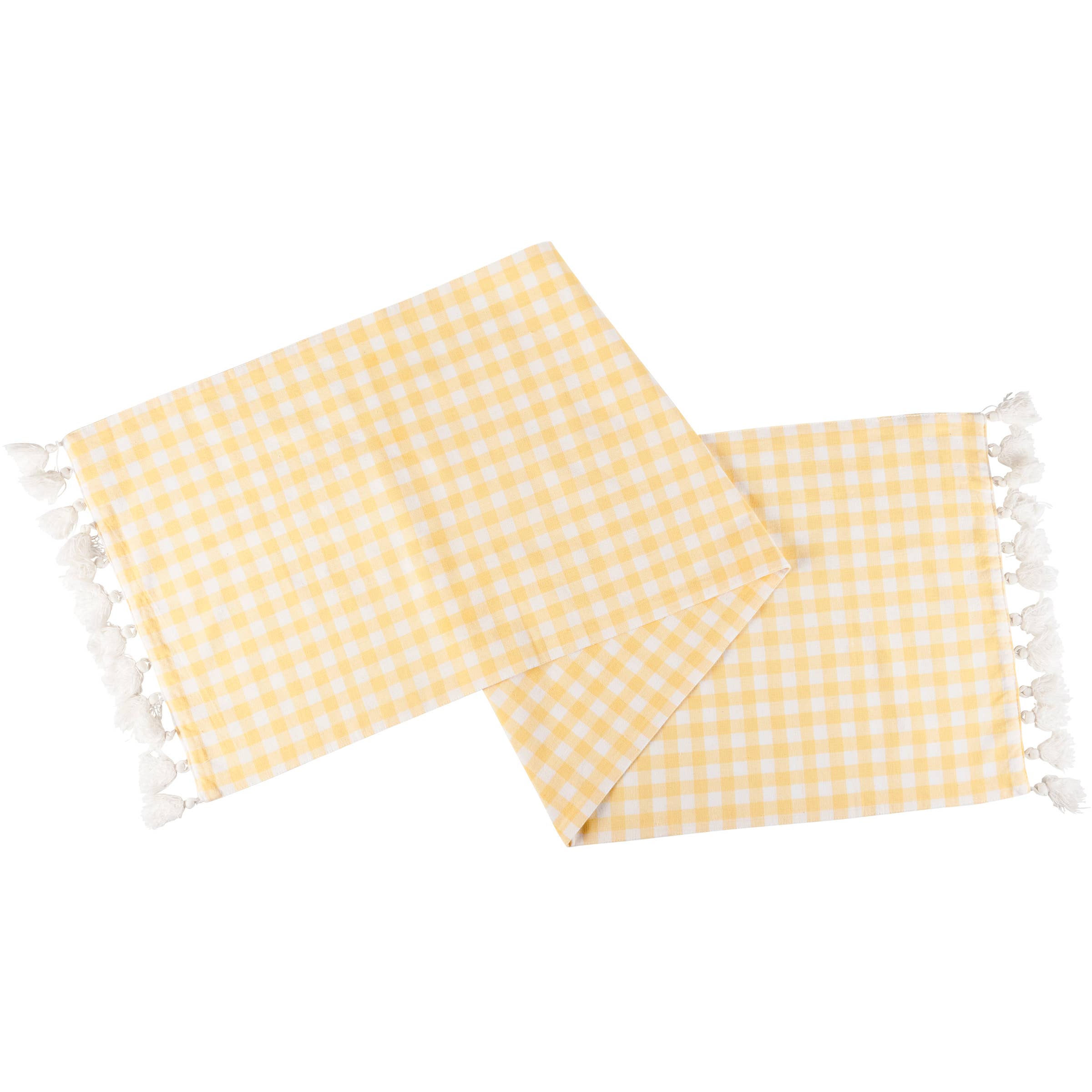 Yellow Gingham Table Runner - 56 inch double-sided yellow gingham cotton table runner with white tassels for spring and Easter dining decor
