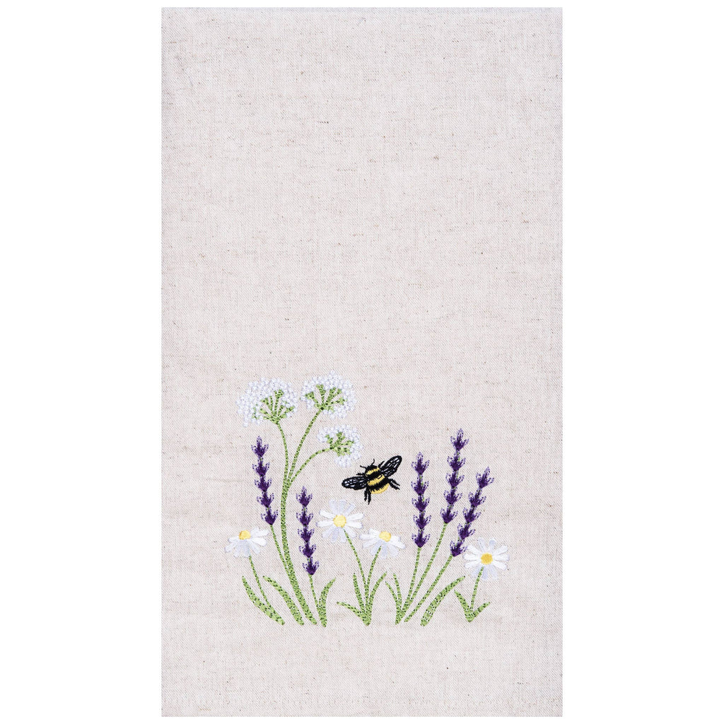 Lavender and Bee Garden Floral Kitchen Towel, gray cotton embroidered dish towel with daisies lavender and bees for kitchen decor