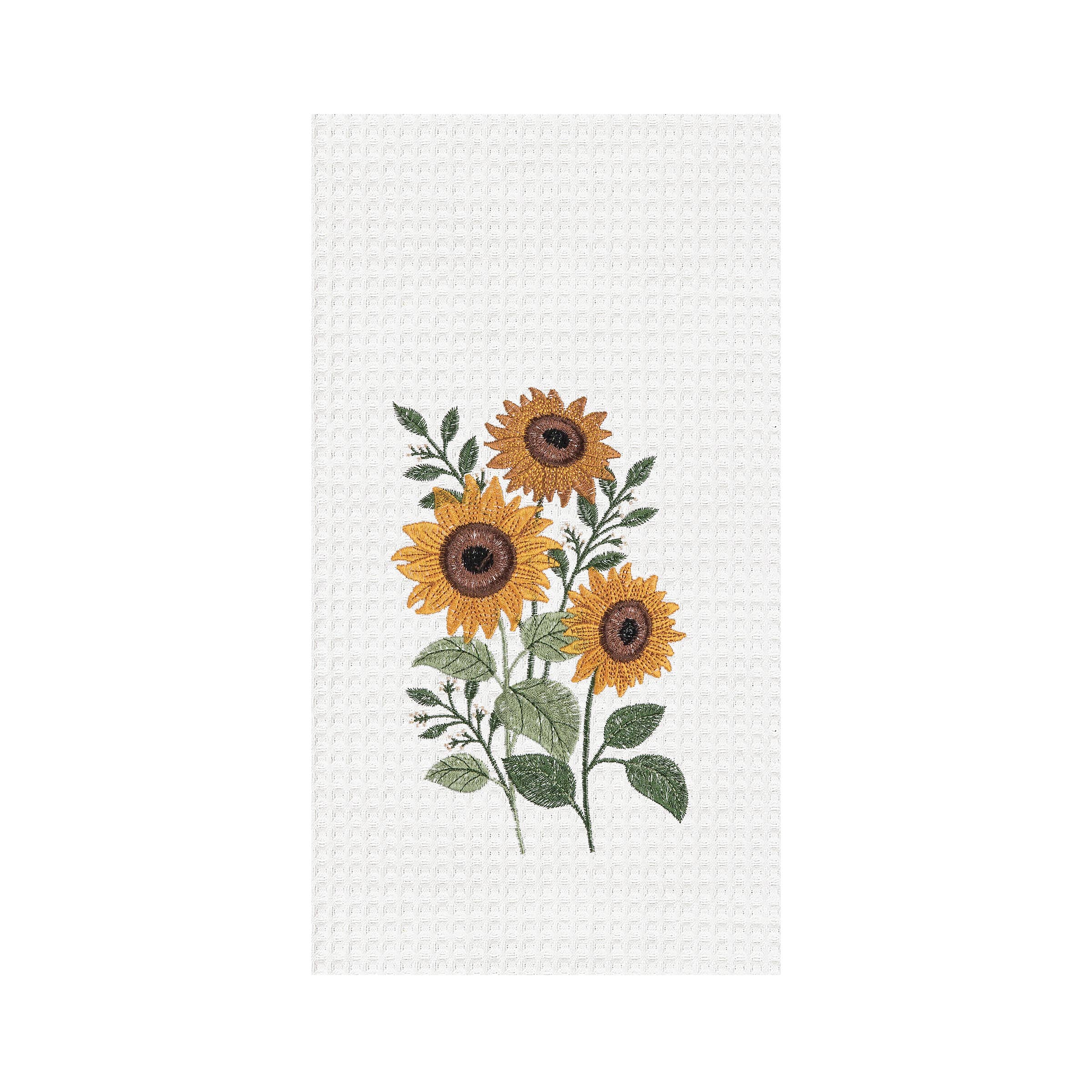White towel with sunflower design on a white background