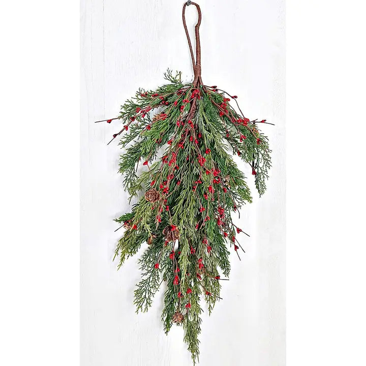 Evergreen Pine Teardrop with Red Berries – 30"