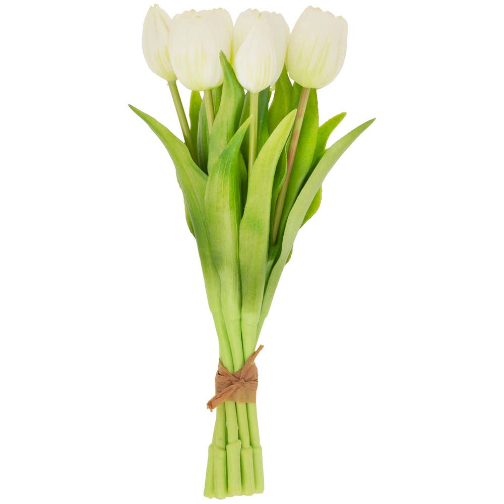 Realistic white faux tulip stems with natural green leaves - premium artificial flower bundle
