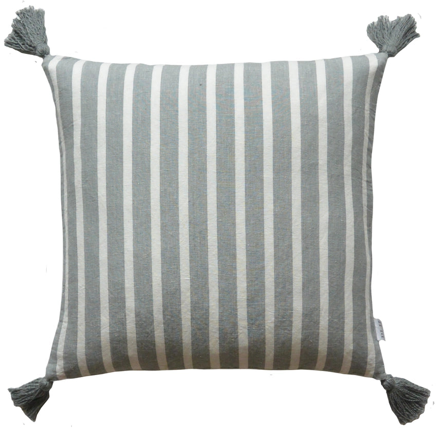 Cloud gray stripe tassel pillow cover 20x20 inch cotton linen blend. 