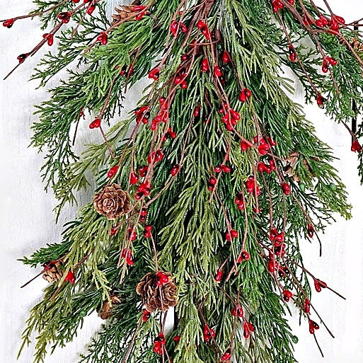 Evergreen Pine Teardrop with Red Berries – 30"