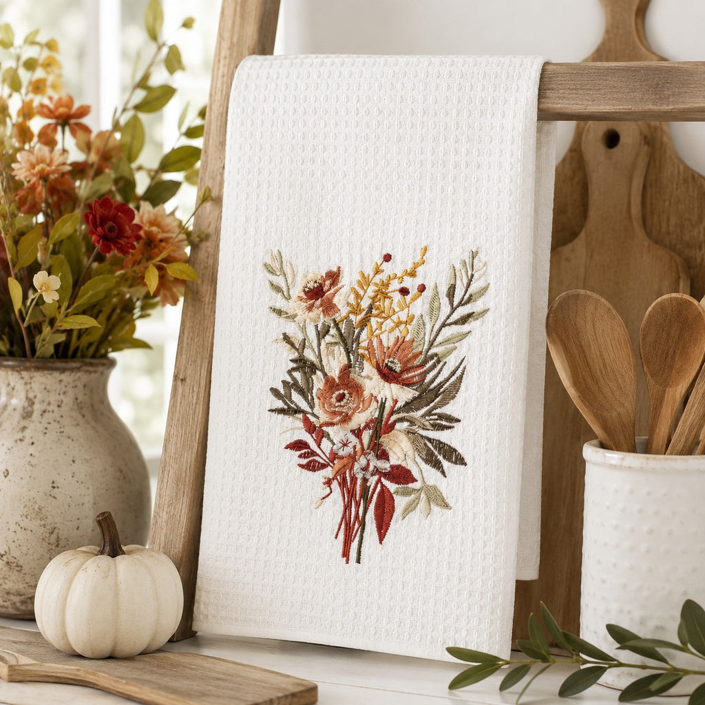 A white waffle-weave kitchen towel with a colorful autumn floral bouquet print, hanging on a rustic wooden rack in a styled kitchen setting.