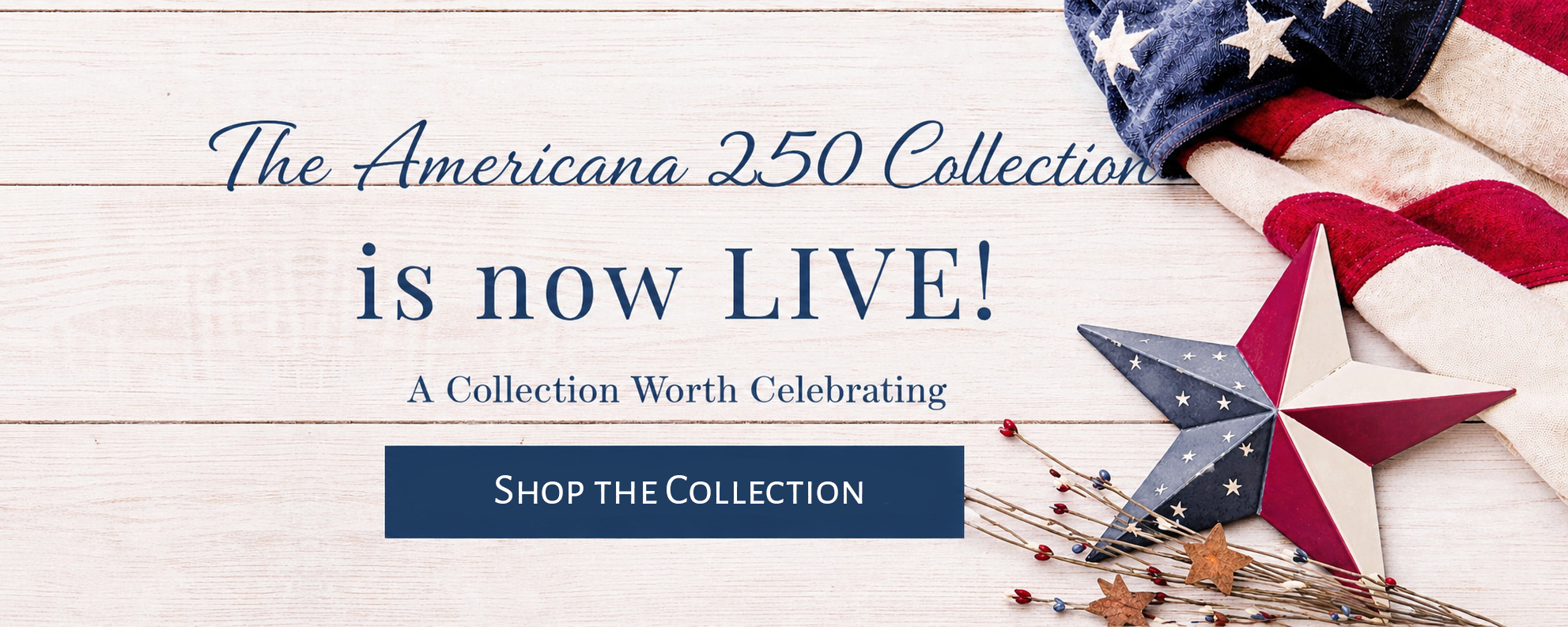 Promotional banner for The Americana 250 Collection with stars and stripes design.