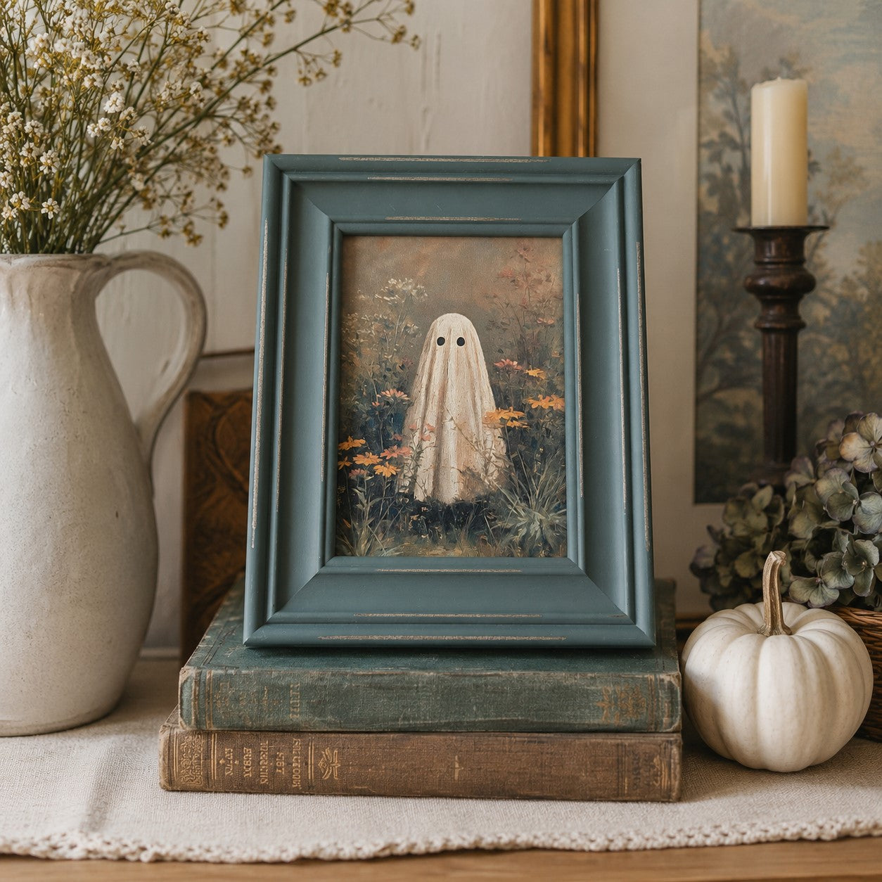 A framed art print featuring a ghostly figure in a field of flowers, styled on a stack of vintage books in a rustic home decor setting.