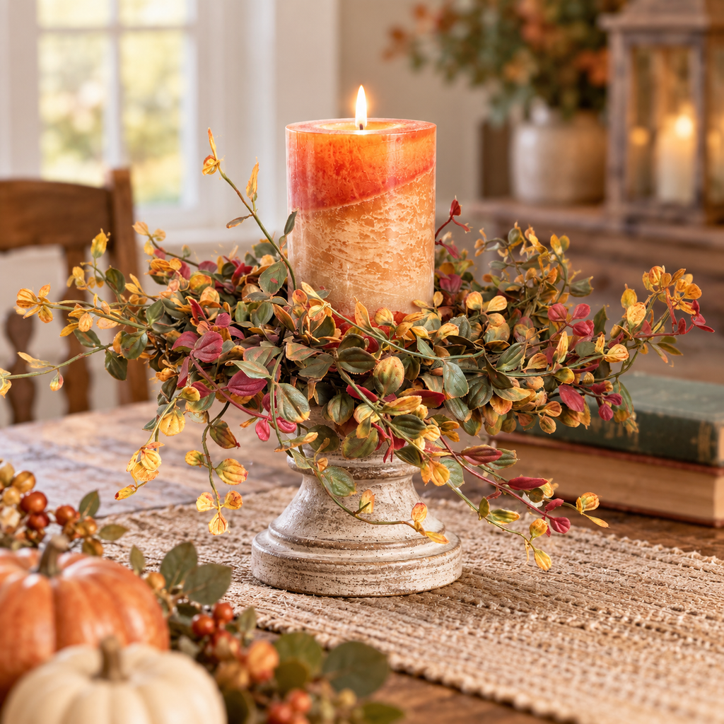 A lit orange and cream pillar candle in a distressed white pedestal holder, surrounded by an autumn floral wreath with yellow, orange, and red leaves, set on a rustic wooden table with a burlap runner and fall decor.