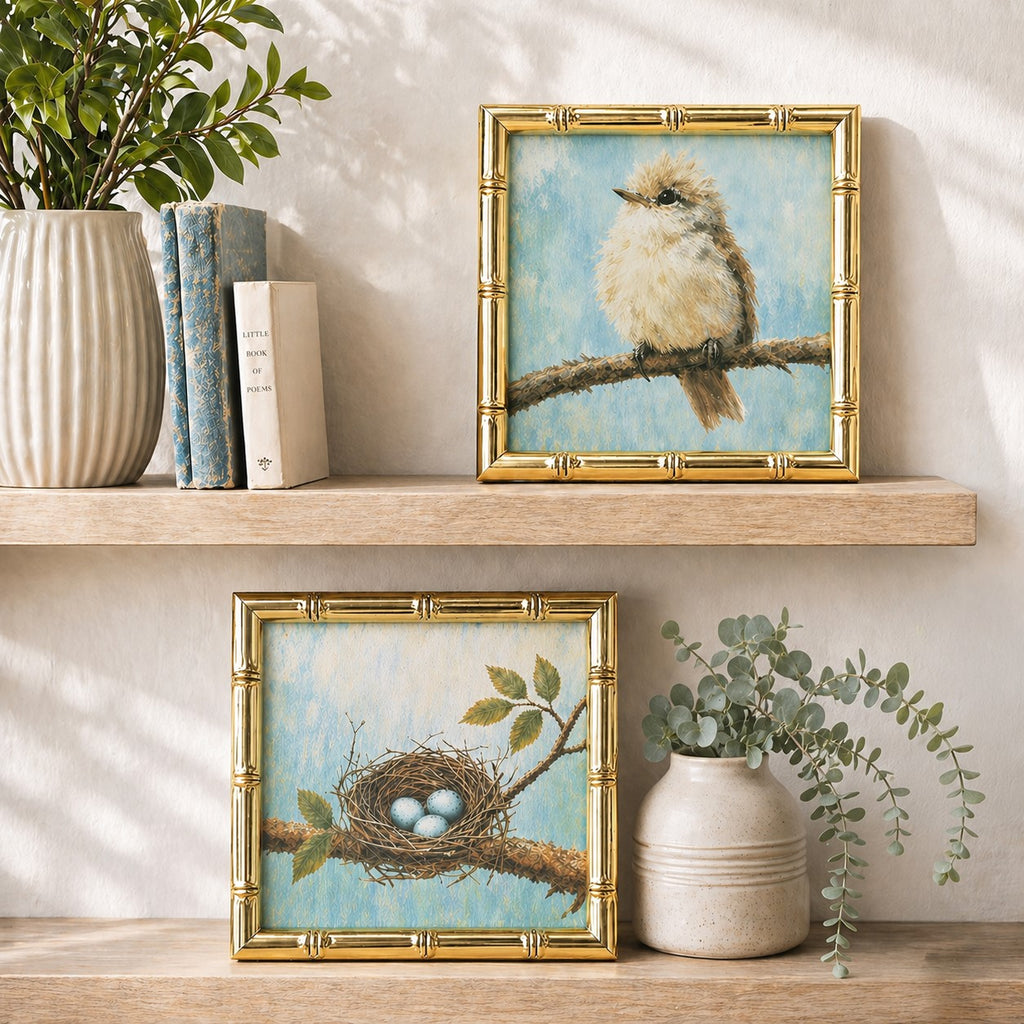 Decorative shelf with framed artwork of a bird and nest, books, and plants.