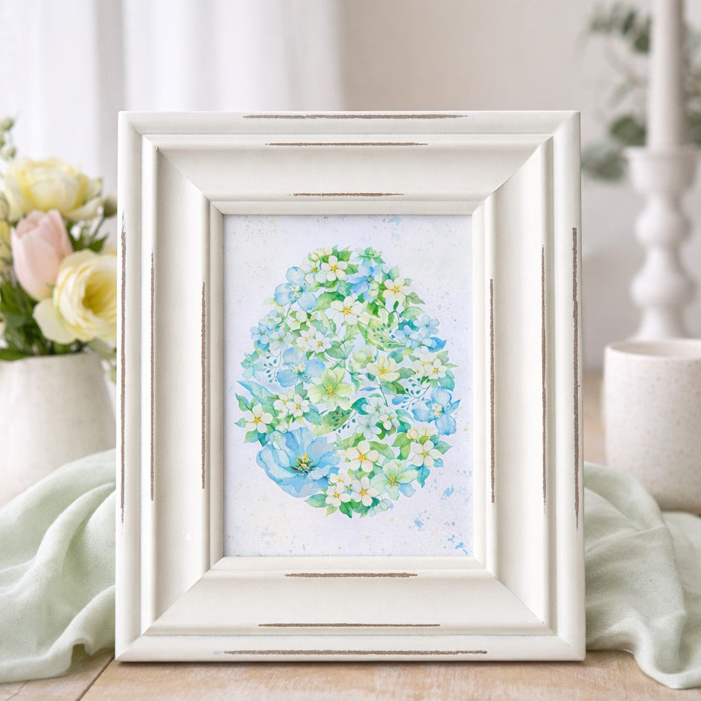 Framed floral Easter egg art print featuring delicate blue, green, and cream blossoms in egg-shaped design, displayed in distressed white 6.5x8.5 inch frame for spring decor