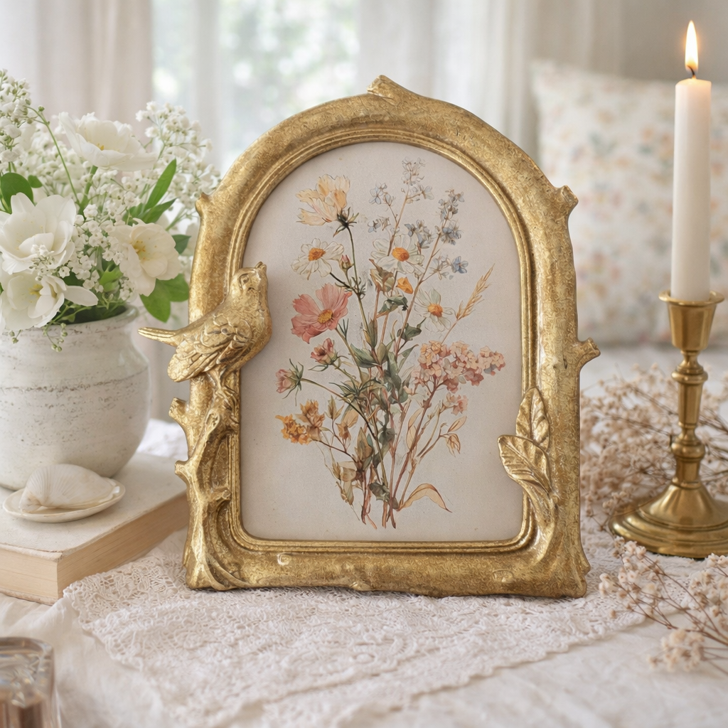 Decorative frame with gold leaf and bird design and botanical print