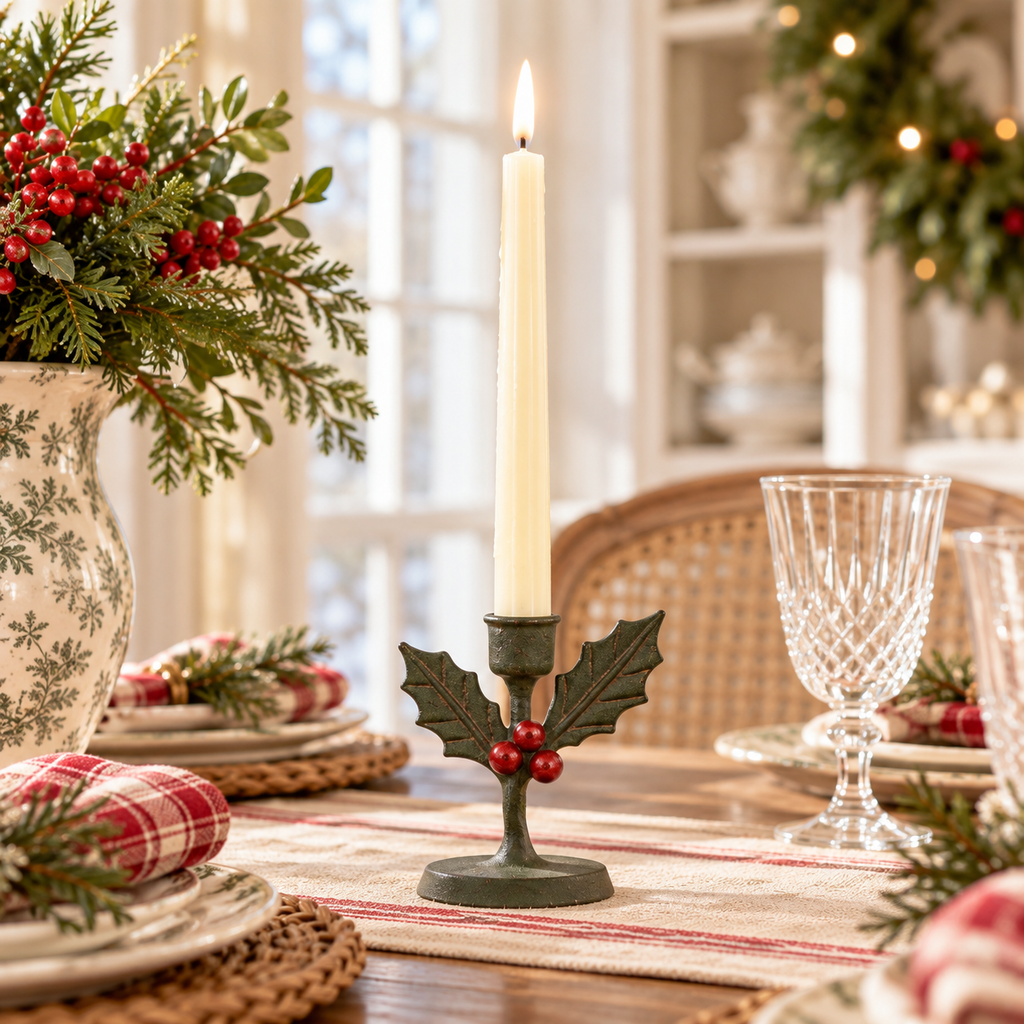 Holly & Red Berry Christmas Taper Candle Holder | 5.5"