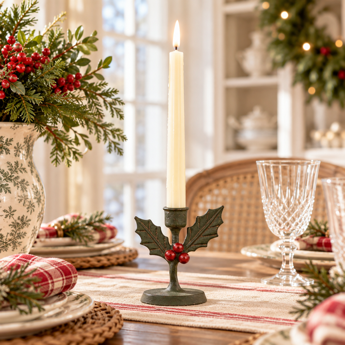 Holly & Red Berry Christmas Taper Candle Holder | 5.5"