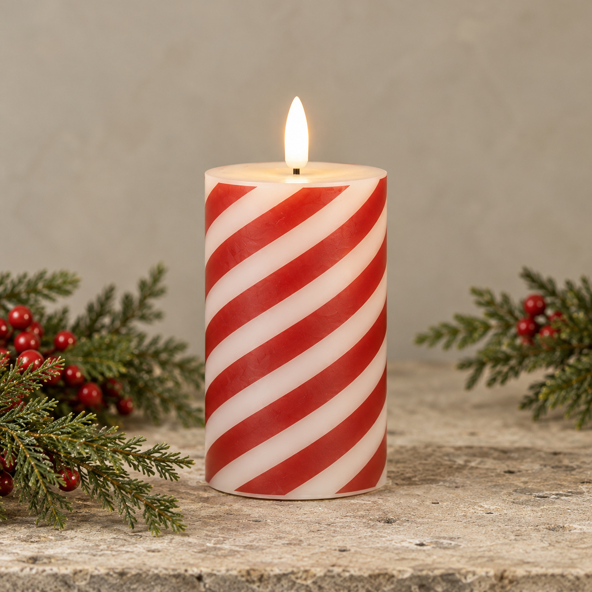 Candy Cane Stripe Flameless Pillar Candle | 4"